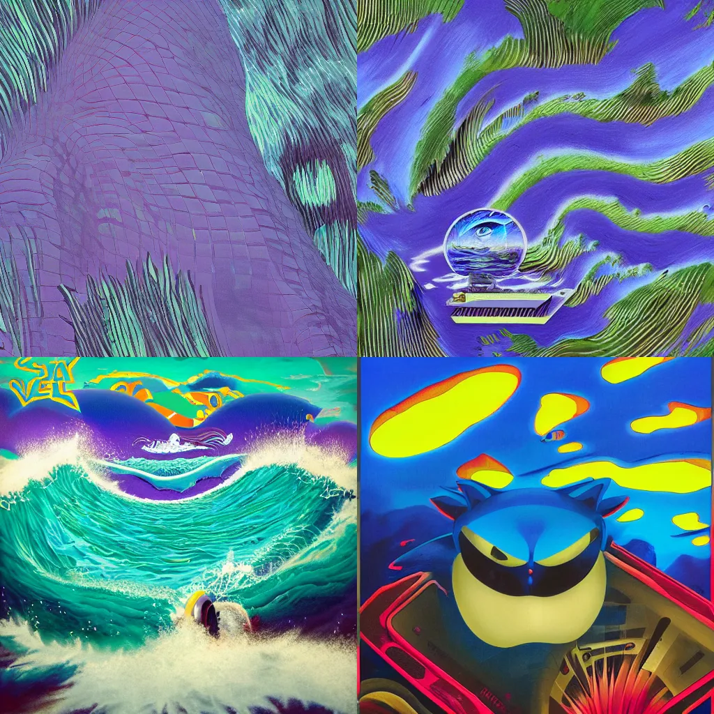 Prompt: surreal, sharp, detailed professional, high quality airbrush art album cover of a cresting blue ocean wave in the vague shape of sonic the hedgehog, purple checkerboard background, 1990s 1992 Sega Genesis box art