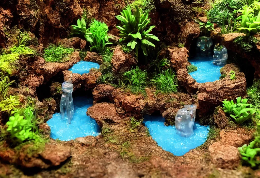 Prompt: orama miniature enchanted water well, plants inside cave, with godray, vale encantado, cave photography lighting water, droplets, wet, flow, river, chameleon