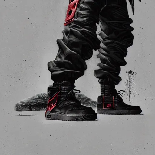 Image similar to A man wearing Acronym J36-S pants and Acronym P30A-DS and black Nike Air Force 1 sneakers, high quality, digital art, dirty cyberpunk city, greg rutkowski