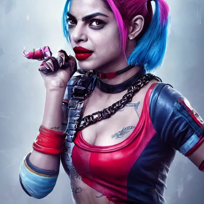 Image similar to portrait of Priyanka Chopra as a harley quinn in Suicide Squad. intricate artwork. by Tooth Wu, wlop, beeple, dan mumford. octane render, trending on artstation, greg rutkowski very coherent symmetrical artwork. cinematic, hyper realism, high detail, octane render, 8k