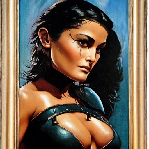 Prompt: a frank frazetta oil painting of selina gomez as a beautiful muscular salma hayek wearing black armor holding a large battle axe, dynamic shot, hd 4 k, intricate, highly detailed, atmospheric, sharp