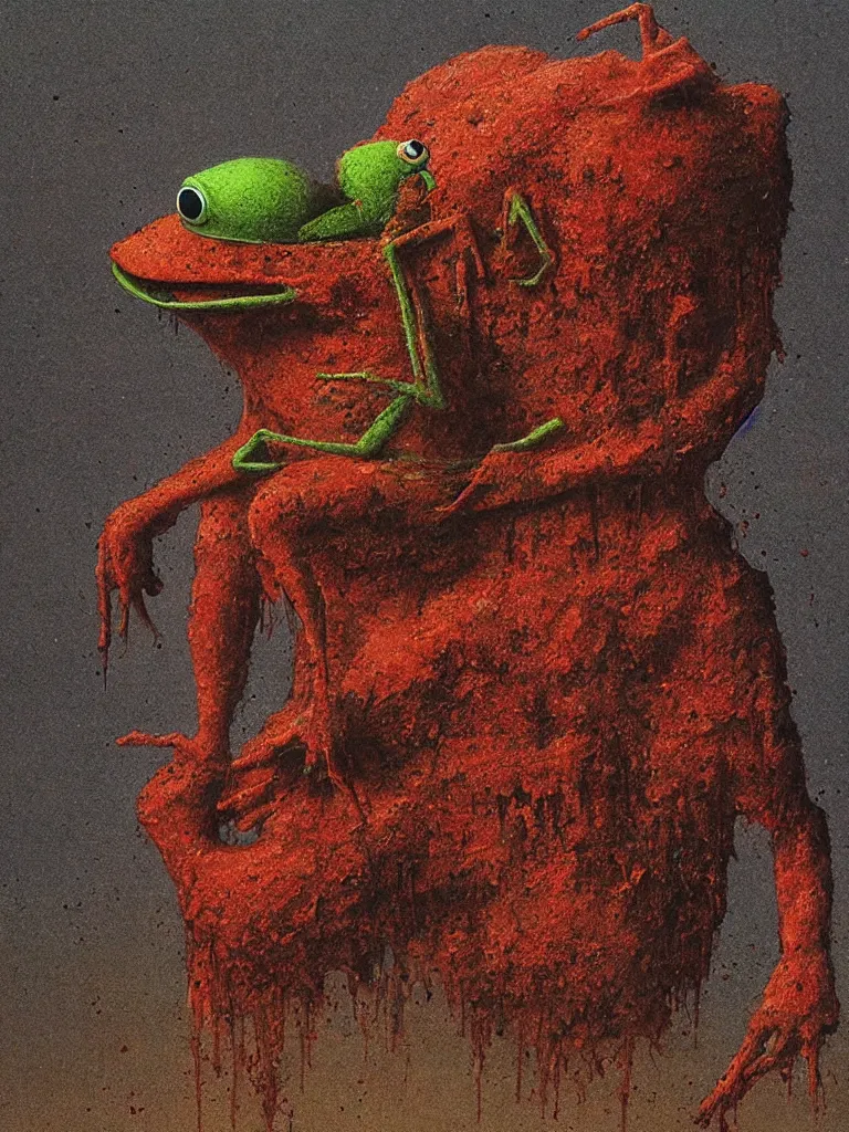 Image similar to bloody Kermit the frog megalophobia by Beksinski, macro,hd