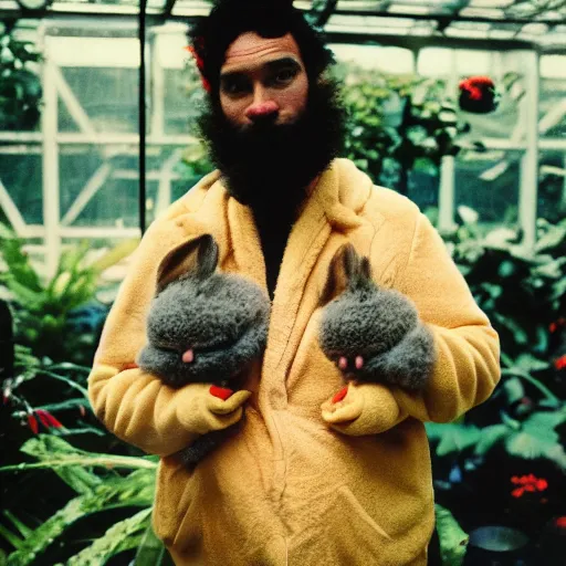 Prompt: grainy head to shoulder portrait Polaroid film photograph of a man wearing a bunny costume in a tropical greenhouse. looking at the camera!!. super resolution. Extremely detailed. Polaroid 600 film. by Annie Leibovitz and Richard Avedon