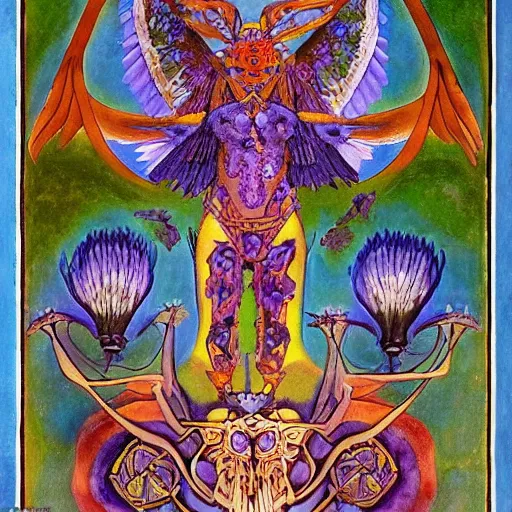 Image similar to the raven god-king, by Annie Swynnerton and Nicholas Roerich and Diego Rivera, bioluminescent skin, tattoos, wings made out of flowers, elaborate costume, geometric ornament, symbolist, cool colors like blue and green and violet, smooth, sharp focus, extremely detailed