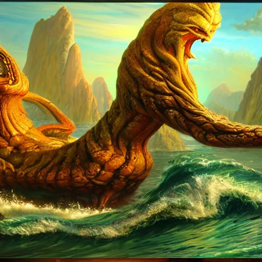 Image similar to a painting of a mythical hydra on lsd by james gurney, 8k unreal engine