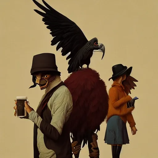 Image similar to anthropomorphic fashion vogue Vulture man man wearing a Buzzard costume wearing a hobo costume ripped physique gerald brom bastien grivet greg rutkowski norman rockwell portrait