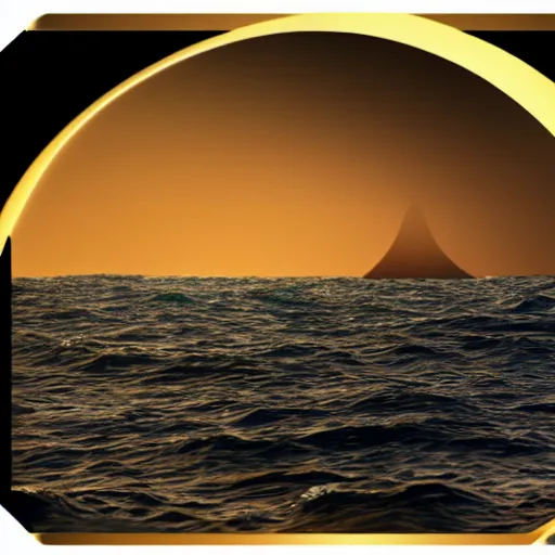 Image similar to the photo shows a large, disk - shaped object hovering in the sky above the ocean waves and mountains. the object appears to be surrounded by a golden bright aura. there is no sign of any engines or propulsion system. the photo was taken by a professional photographer.