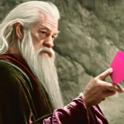 Prompt: portrait of gandalf, wearing a large pink velvet hair bow, holding a blank playing card up to the camera, movie still from the lord of the rings