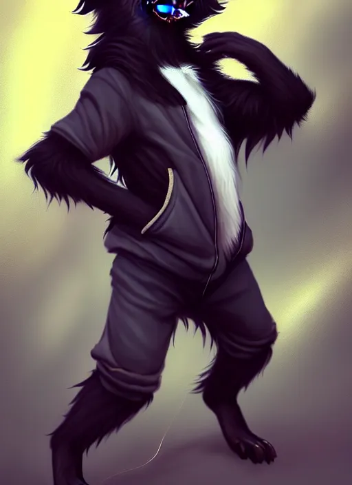 Image similar to wide angle beautiful full body portrait of a cute male anthropomorphic anthro border collie fursona wearing a tracksuit in a dark city, character design by charlie bowater, henry asencio, and ross tran, furry art, furaffinity, beautiful, glamor pose, detailed, aesthetic, trending on artstation