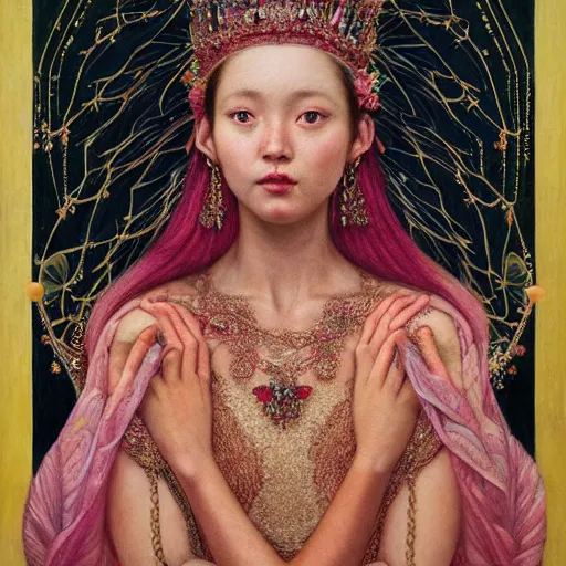 Image similar to queen empress girl, crown, sparkles, long dress covered skin, botanical, portrait face, colorful, kupka, intricate, miles johnston, kuroda seiki, cynical realism, ozabu, john william godward, painterly, moebius, miles johnston, louise zhang, james jean, mark ryden lowbrow pop surrealism art style