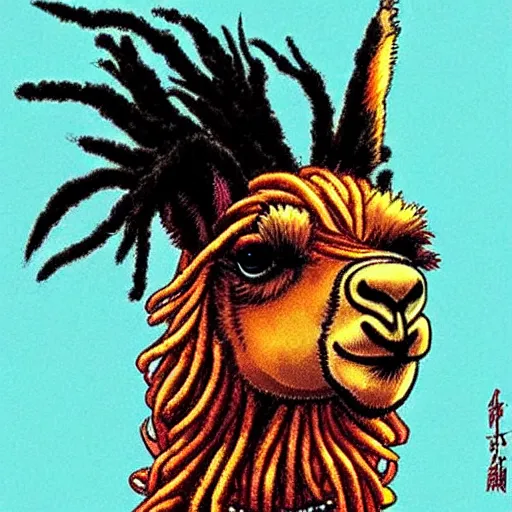 Prompt: llama with dreadlocks, heroic pose, by Katsuhiro Otomo, with beautiful colors