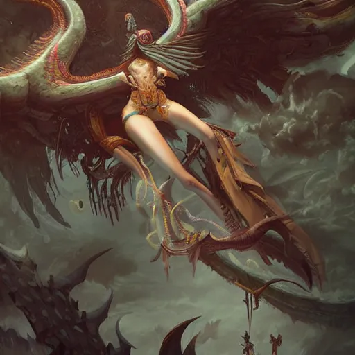 Image similar to illustration, quetzalcoatl, inhumanly long and thin limbs, fallen angel, Barthin, by Peter Mohrbacher, hyper detailed, otherworldly, octane rendered, fantasy, heavenly