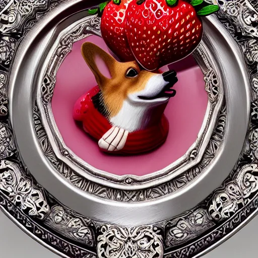 Image similar to corgi with strawberry skin, in strawberry jam : ornate, dynamic, particulate, intricate, elegant, highly detailed, centered, artstation, smooth, sharp focus, octane render