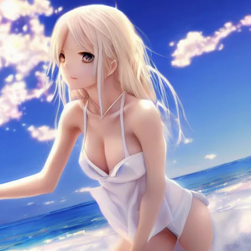 Image similar to picture : a beautiful young blond anime girl, sky blue eyes, bikini, white miniskirt, highly detailed, cinematic wallpaper by stanley artgerm lau
