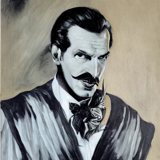 Image similar to vincent price as billionaire howard hughes in exotic fantasy satin robes and high collar, vivid, renaissance, illustration, dynamic and dramatic, highly detailed, rough paper, dark, oil painting