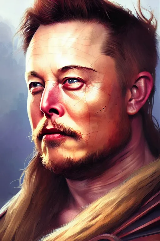 Image similar to elon musk as viking, portrait, face tattooed, highly detailed, digital painting, artstation, concept art, smooth, sharp focus, illustration, cinematic lighting, art by artgerm and greg rutkowski and alphonse mucha