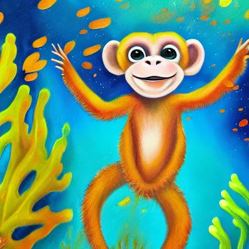 Image similar to excited young monkey underwater, sparkly, colorful, oil painting