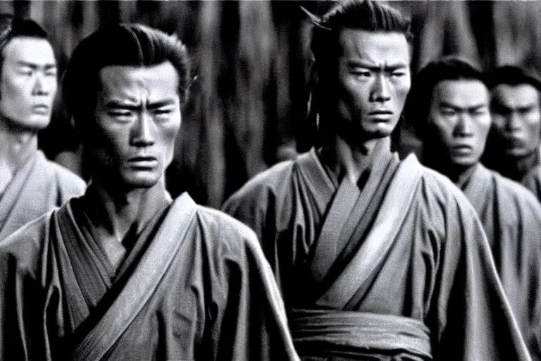 Image similar to young clint eastwood as a ronin samurai brothers, in robes, in the movie seven samurai ( 1 9 5 4 ). grainy movie still, high detail, sharp focus