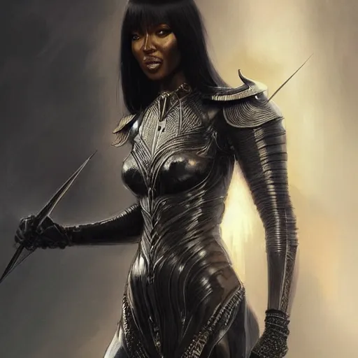 Image similar to full figure ultra realistic illustration, naomi campbell wearing black armor, intricate, elegant, highly detailed, digital painting, artstation, concept art, smooth, sharp focus, illustration, art by artgerm and greg rutkowski and alphonse mucha