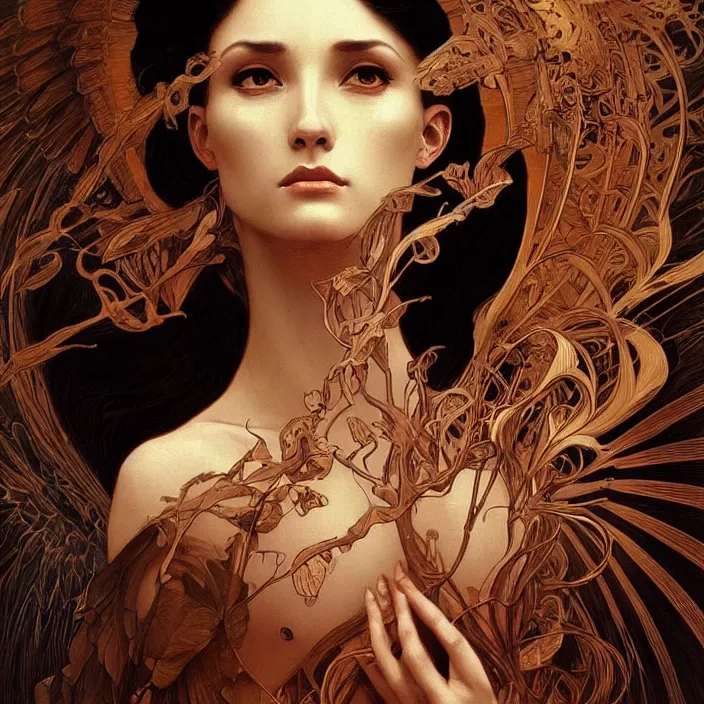 Image similar to a beautiful portrait of a beautiful! angel in black flames!! by ross tran!!! and alphonse mucha and greg rutkowski! and gustav dore! and zdzisław beksinski!, in style of digital art illustration. symmetry. highly detailed face. fantasy, smooth, hyper detailed, sharp focus, soft light. trending on artstation. 4 k