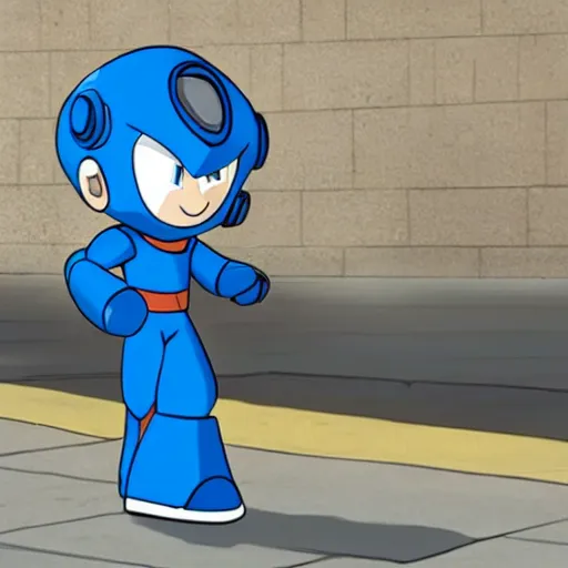 Prompt: megaman begging for food on the street, photorealistic