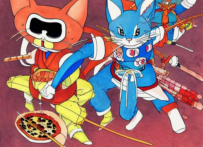 Image similar to samurai pizza cats, ink and watercolor illustration masterpiece, perfectly realistic yet surreal, by ryan ottley and mœbius and hayao miyazaki and akira toriyama