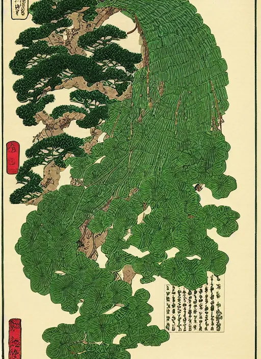 Prompt: fantasy scientific botanical illustration of a green leafy plant that grows like a waterfall ,Ukiyo-e, isometric