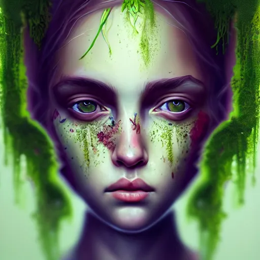 Prompt: a portrait of a girl covered in moss, face, intricate, elegant, highly detailed, digital painting, artstation, concept art, smooth, sharp