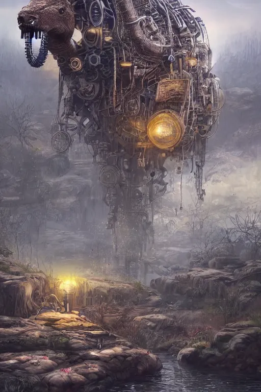 Image similar to Highly Detailed digital illustration about the beauty of nature in a dieselpunk world where all animals have been replaced by mechanical beasts. Trending on Artstation