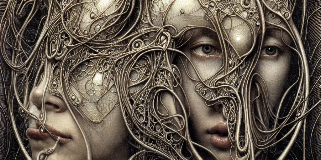 Prompt: detailed realistic beautiful cyborg face portrait by jean delville, gustave dore, iris van herpen and marco mazzoni, art forms of nature by ernst haeckel, art nouveau, symbolist, visionary, gothic, neo - gothic, pre - raphaelite, fractal lace, intricate alien botanicals, ai biodiversity, surreality, hyperdetailed ultrasharp octane render