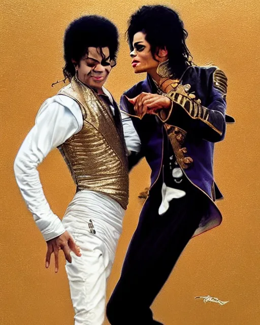 Prompt: Portrait of Michael Jackson & Prince dancing, real life skin, intricate, elegant, highly detailed, artstation, concept art, smooth, sharp focus, art by artgerm and greg rutkowski and alphonse mucha