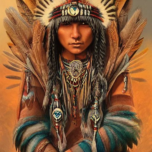 Image similar to : native american shamen fantasy, fantasy magic,, intricate, sharp focus, illustration, highly detailed, digital painting, concept art, matte, jahbu art and paul lewin masterpiece