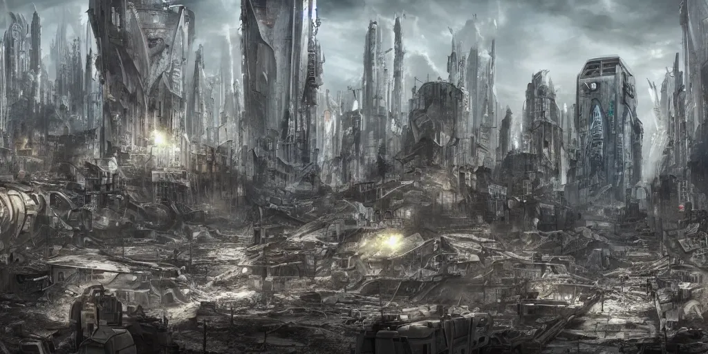 Image similar to futuristic post apocalyptic city, dystopia, 4 k