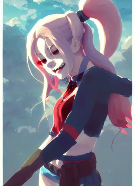 Image similar to portrait of cute harley quinn, cloudy sky background lush landscape illustration concept art anime key visual trending pixiv fanbox by wlop and greg rutkowski and makoto shinkai and studio ghibli