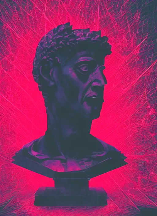 Prompt: black background with subtle red and purple design elements, statue of julius caesar, nekro, poster art, thin lines, dark, glitch art, neo vaporwave, gritty, layout frame, trending on artstation