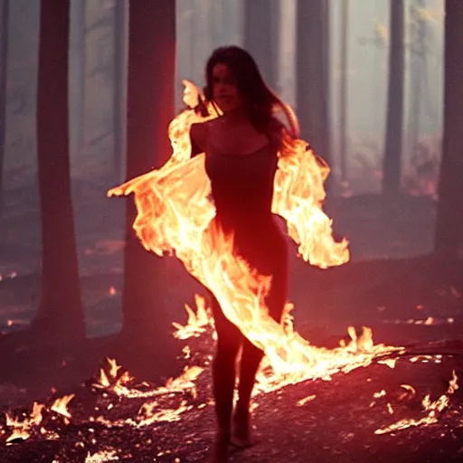 Prompt: a young woman dances in a forest fire. she burned in the flames