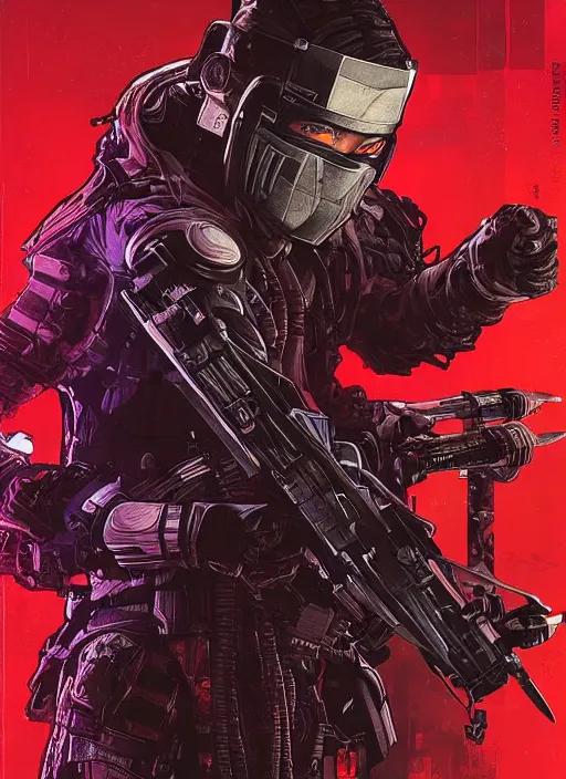 Prompt: cyberpunk blackops ninja. night vision. katana. portrait by ashley wood and alphonse mucha and laurie greasley and josan gonzalez and james gurney. spliner cell, apex legends, rb 6 s, hl 2, d & d, cyberpunk 2 0 7 7. realistic face. dystopian setting.