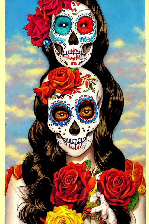 Prompt: Illustration of a sugar skull day of the dead girl, art by john philip falter