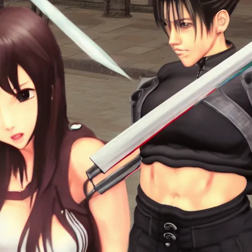 Image similar to tifa fight with a genshin impact charater.