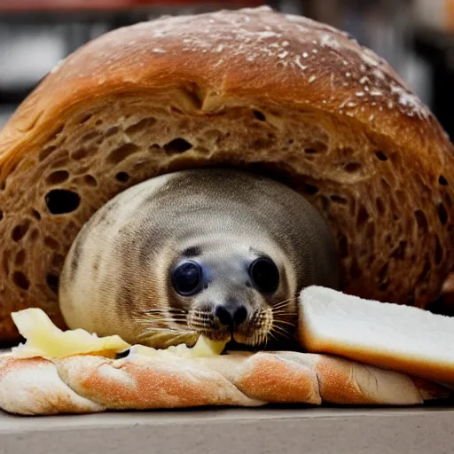 Prompt: baby seal hiding among loaves of bread at the grocery store, photo, realistic, 4k