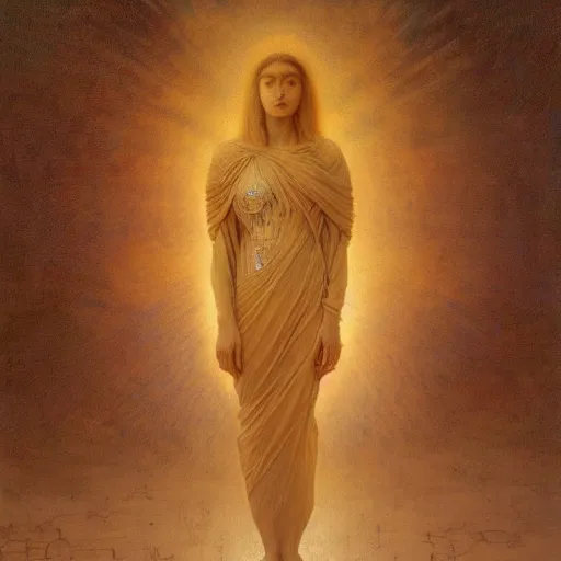 Prompt: Woman masterpiece, young, golden halo behind her head, by Edgar Maxence and Ross Tran, Zdzisław Beksiński, and Michael Whelan, distant, gustav dore, H.R. Giger, 8k, octane render