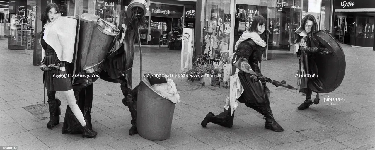 Image similar to Elden Ring:Liverpool 1980 a young woman tries to sneak past a giant dustbin knight outside Belle Vale Shopping Centre high quality professional photo AP PHOTOS