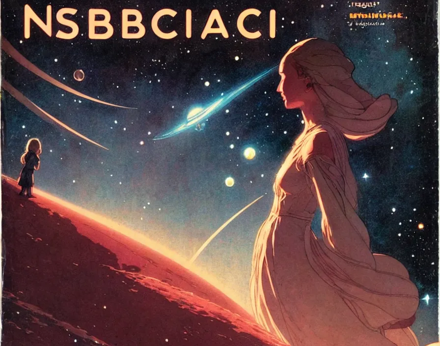 Image similar to illustrated by moebius and greg rutkowski, romantic!!! space scene!! with standing young girl!!!!, orbit of earth!, futuristic orbital station!!!!, nebulae!!, starry sky!!, rule of third!!!!, vintage cover of sci - fi magazine, cinematic!!