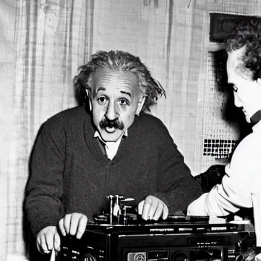 Image similar to photo of Albert Einstein DJing a record player at a nightclub, vintage, highly detailed facial features, at a nightclub