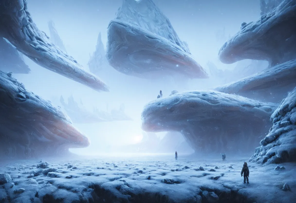 Prompt: ground level view, surface of frozen winter alien planet. morning fog, ultra high definition, ultra detailed, matte painting, by greg rutkowski and ross tran and wlop