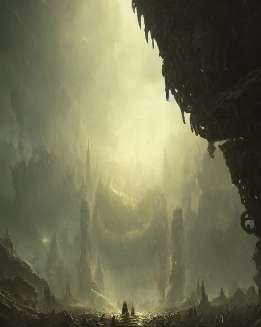 Image similar to the realm of chains, darker, environment art, fantasy art, landscape art, in the style of greg rutkowski, illustration, epic, fantasy, intricate, hyper detailed, artstation, concept art, smooth, sharp focus, ray tracing