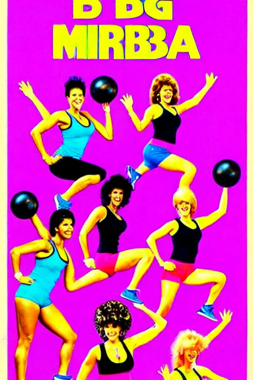 Image similar to 1980s big hair, brightly colored, zumba fitness art poster