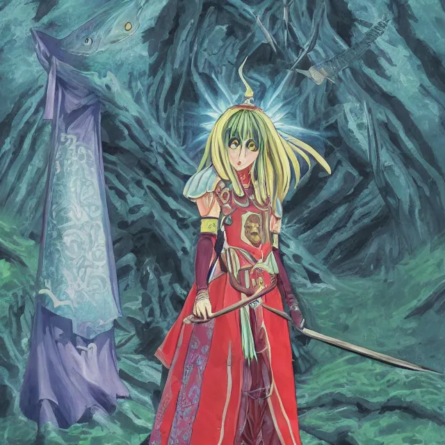 Prompt: the lone priestess of the evermoon valley. this gouache painting by the award - winning mangaka has interesting color contrasts and impeccable lighting.