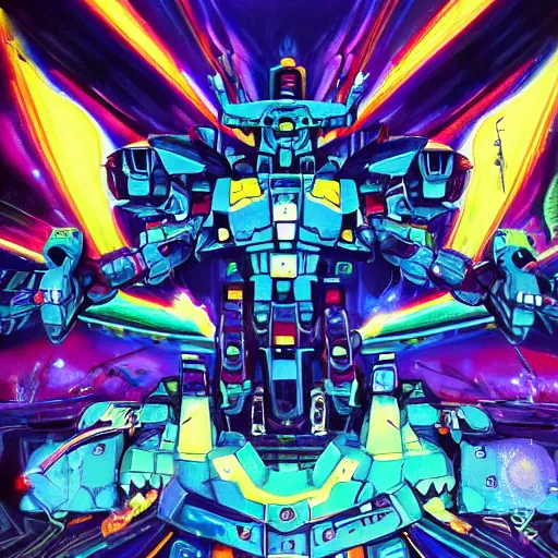 Image similar to An extremely Gundam psychedelic experience, colorful, surreal, mecha, scifi, LSD, face, jet turbine, tarot, detailed, intricate, elegant, highly detailed, super detailed, insane detailed, digital painting, concept art, smooth, sharp focus, illustration, art by josan gonzales, Krenz Cushar, Marco Plouffe, dan mumford, Artem Demura and alphonse mucha