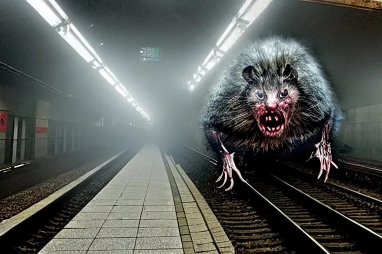 Image similar to very large giant mutant zombie irradiated ( angry rat ) staying on railways in tonnel of moscow subway. tonnel, railways, giant angry rat, furr, fangs, claws, very realistic. fog, extreme long shot, herman nitsch, giger, anish kapoor.